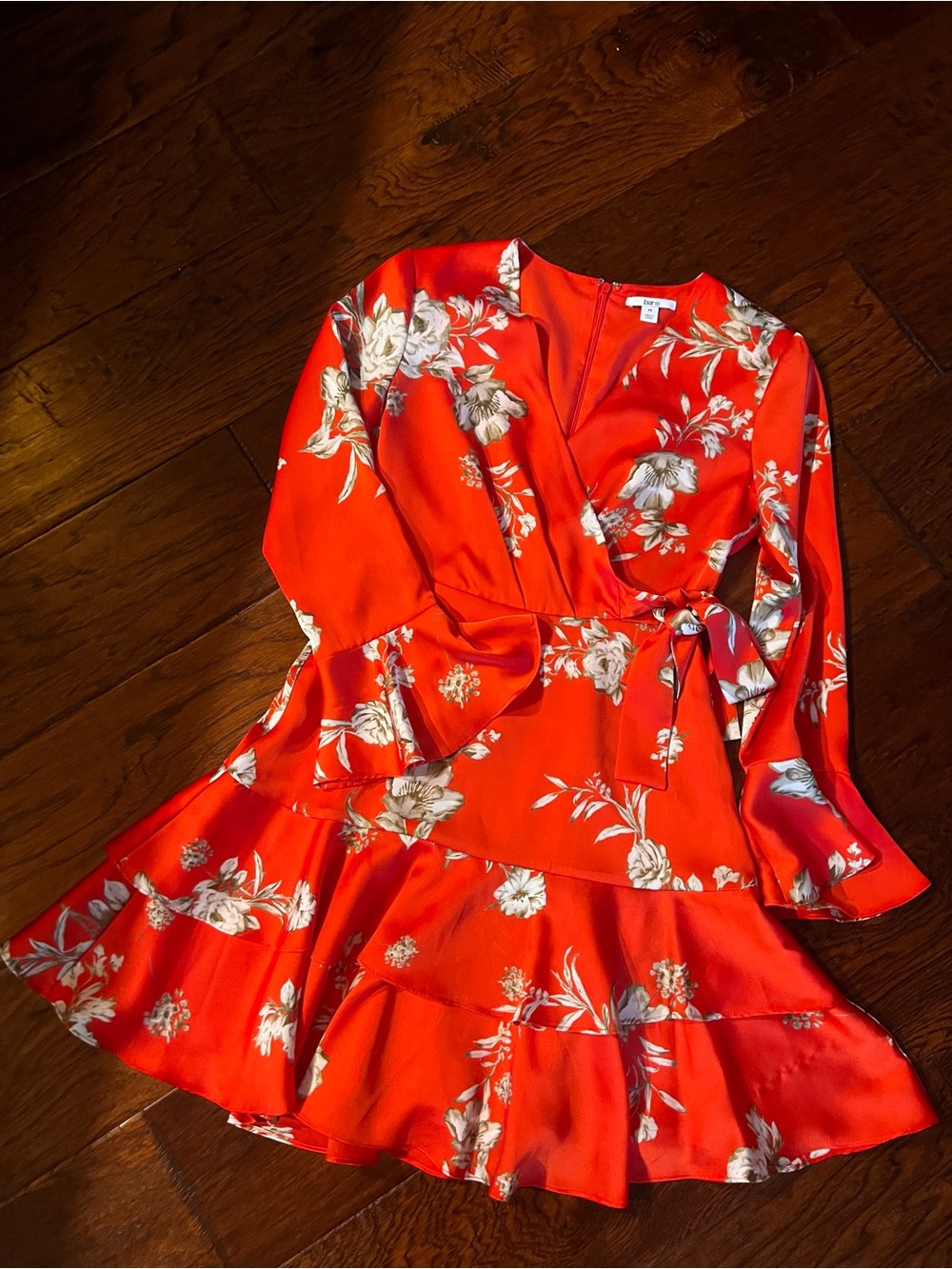 Bar III Floral Wrap Ruffle Dress | XS | Bright Red